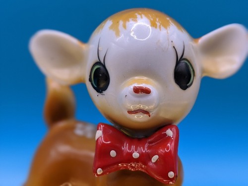 Vintage Japanese Kawaii Deer Ceramic Kitsch Big Eye Figurine Polka Dot Bow - Picture 3 of 11