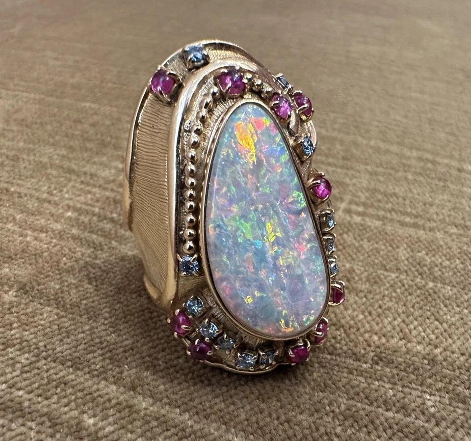 Large Opal, Ruby and Diamond Ring in 18k Yellow Gold - HM1725SI