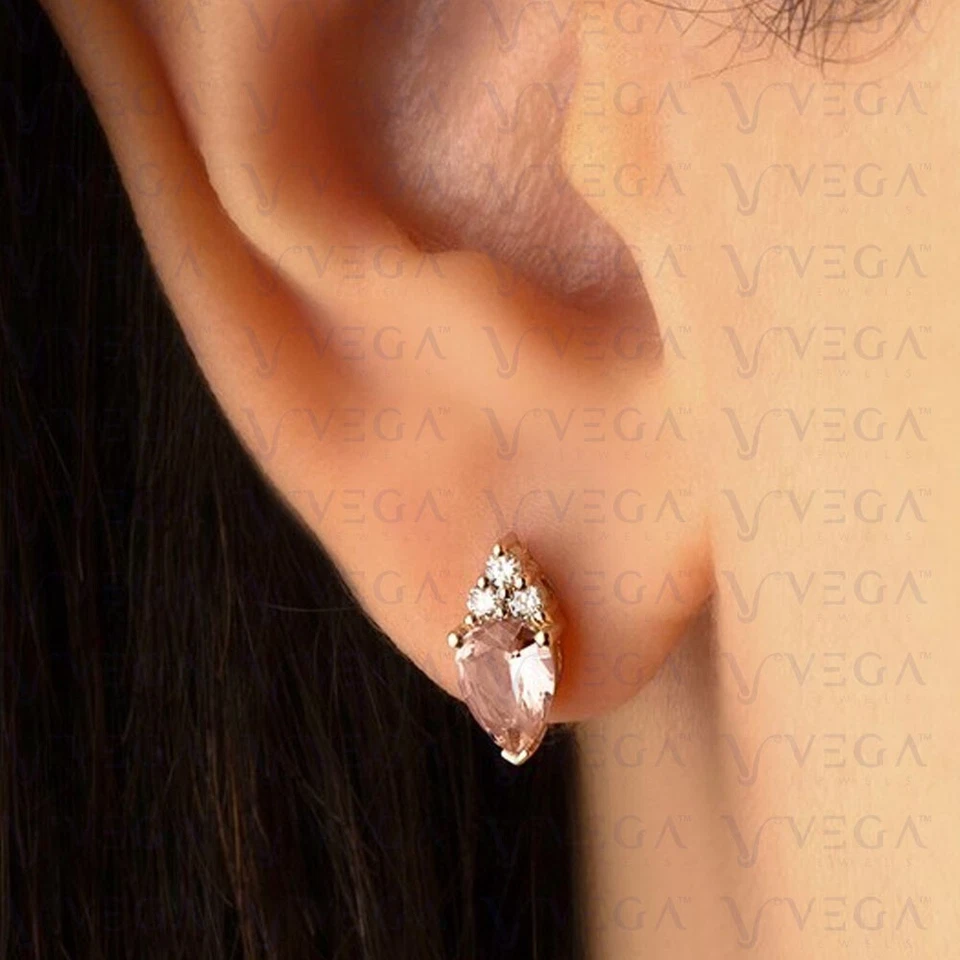Pendiente de morganita natural y diamantes en forma de pera de 3,36 quilates de oro rosa macizo de 14 quilates Foto 4 de 4