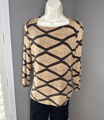 Lauren Ralph Lauren Petite Large Sweater Brown Geometric Print SOFT Square Neck
