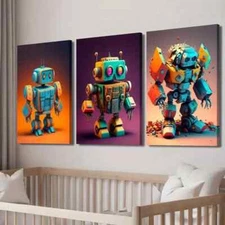 3pcs Blue & Orange Toy Robots Decor Wall Art Canvas Framed 50x70cm