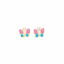 Children's Butterfly Earrings 14k Yellow Gold with Pink and Blue Enamel 8mm