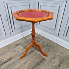 Antique Side Wine Table Turned Pedestal Leg Plant Stand - Leather Vintage Wooden