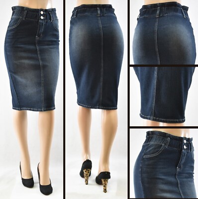 Women 25'' Skirt Stretch Denim no slit pencil black wash  ealstic W/B #WG-79100