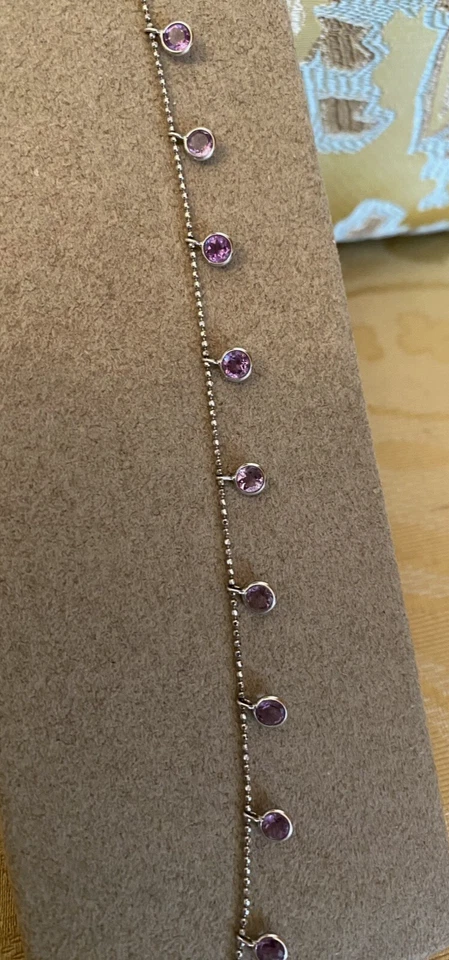 JUEGO BISEL AMATISTA ORO BLANCO MACIZO 14K ESTACIÓN CAÍDA COLGANTE TOBILLERA 9" NUEVO SIN ETIQUETAS Foto 3 de 4