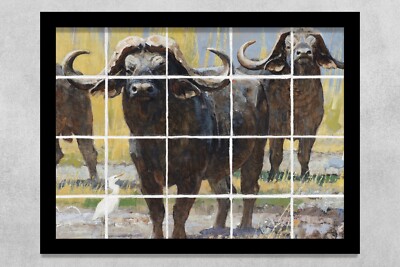 ready to hang ceramic tile mural kitchen backsplash. African Cape buffalo