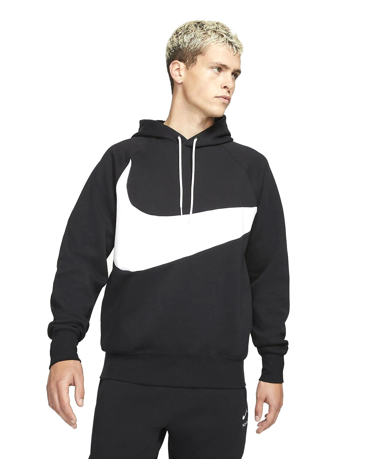 Мужская спортивная одежда Nike Black/White Swoosh Tech, флисовый пуловер с капюшоном - S