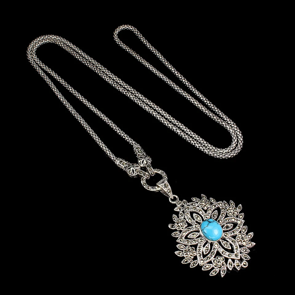 Collar de plata de ley 925 con piedras preciosas de marcasita estalibizadas turquesa ovalada Foto 3 de 4