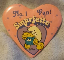 VINTAGE PINBACK BUTTON - 2 1/4" SMURFS CARTOON - NO 1 FAN SMURFETTE - SMURFS