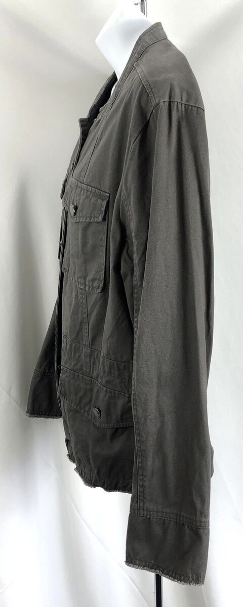Retro Distressed Jacket L Gray ButtonUp Fringe Hem Grunge Retro Distressed Jacket L Gray ButtonUp Fringe Hem Grunge