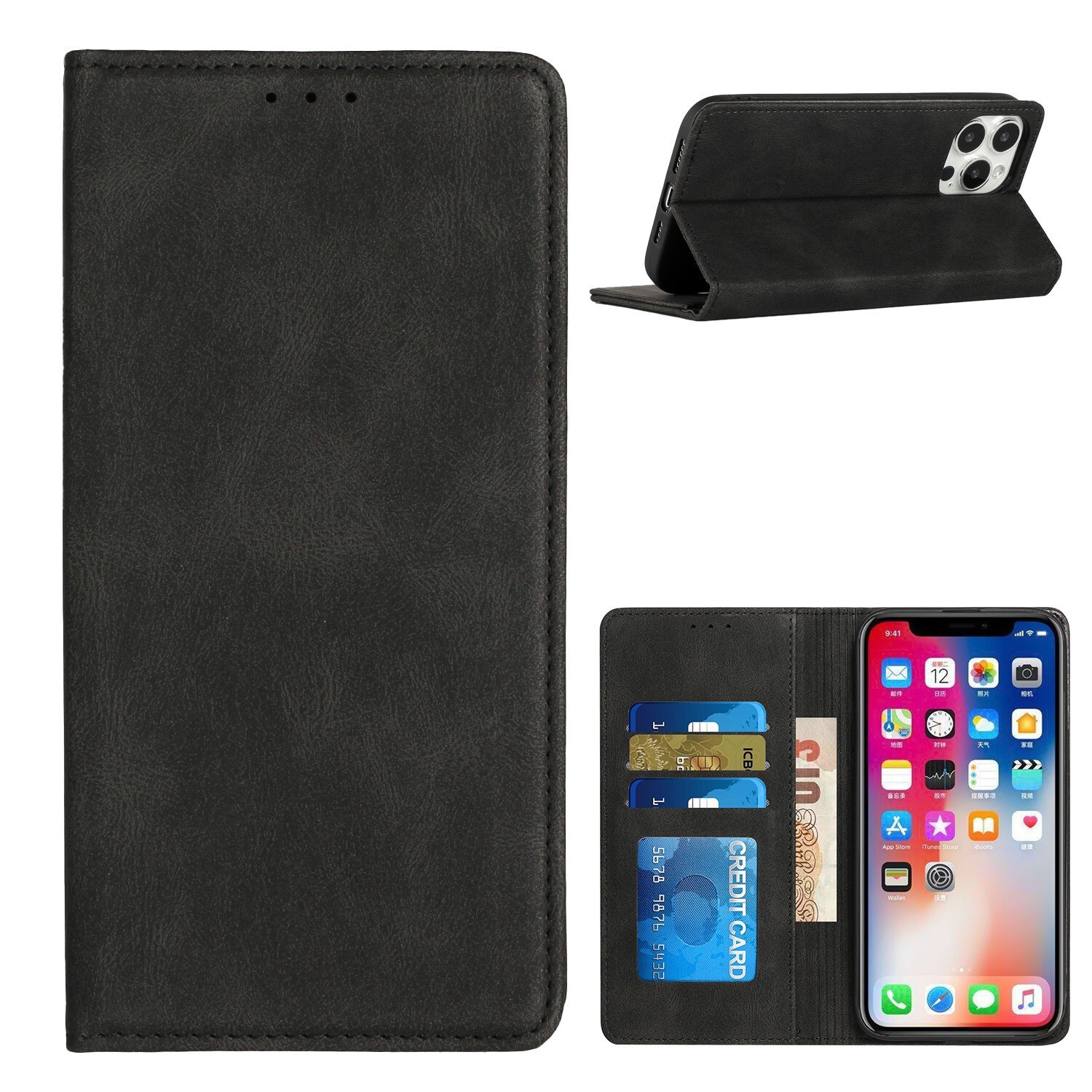 Premium Black Leather Wallet Case with ID Card Holder for Samsung A54-image