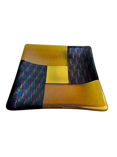 Vintage STUNNING Artist Signed irredescent fused art glass dish/trinket tray