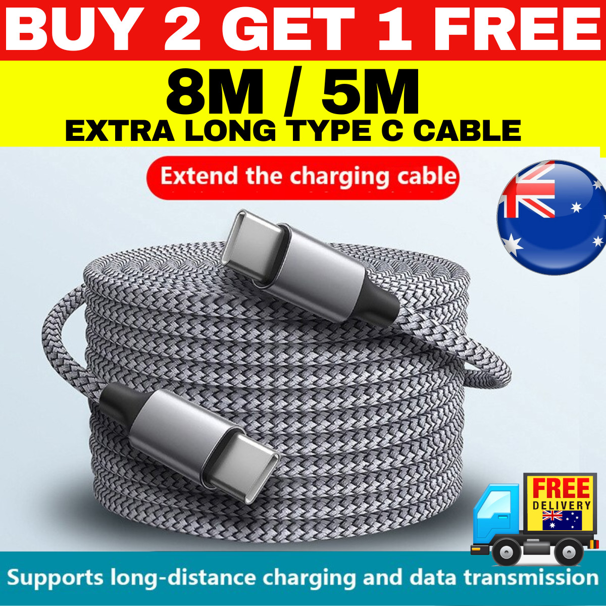 8M 5M Long Type C to Type c Cable male to male Charging USB C Data Transmission