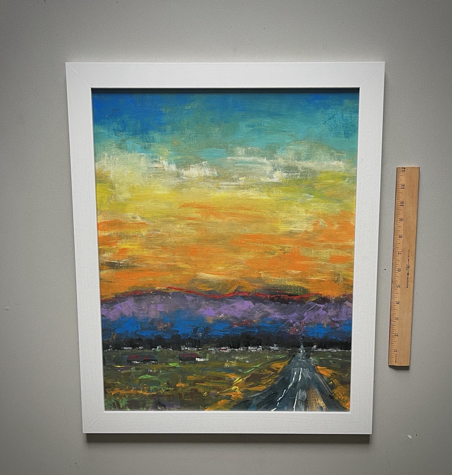 Sunset Oil Painting Landscape Fiery Sky Clouds Impressionist Abstract Art Framed