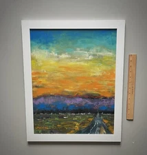 Sunset Oil Painting Landscape Fiery Sky Clouds Impressionist Abstract Art Framed