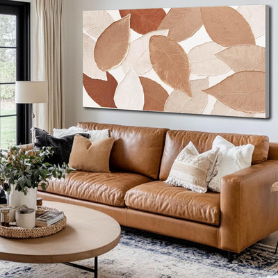 Beige Fall Leaves Canvas Art - Modern Earth Tone Wall Decor 24''x48