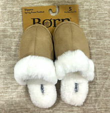 Born Women s Slip-On Slippers Suede Faux Fur Lined Fur Trim Beige/White 5