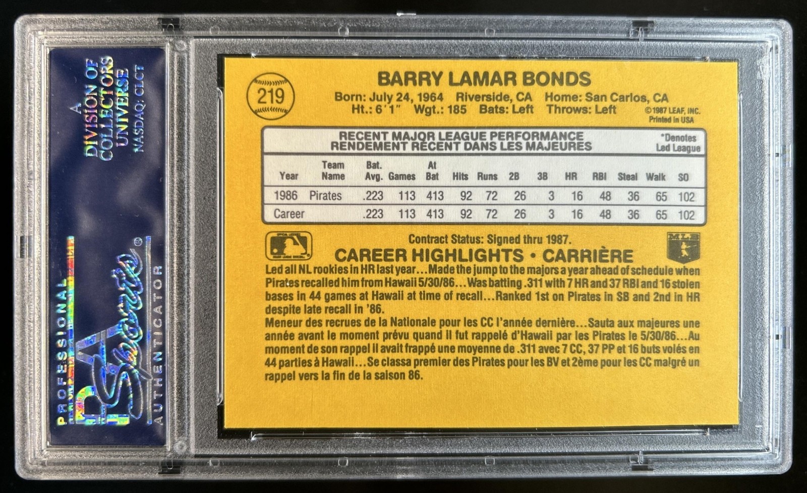 1987 Leaf Barry Bonds Rookie RC #219 Pirates PSA 10 GEM MINT view 2