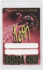 Korn 1998 Follow the Leader gira de conciertos Canadá escenario laminado Backstage Pass