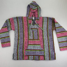 Mexican Baja Hoodie Men L Gray Pink Woven Multicolor Striped Pullover Mexico Rug