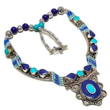 Collar de piedras preciosas turquesa lapislázuli tibetano nepalí joyería vintage 18" N116