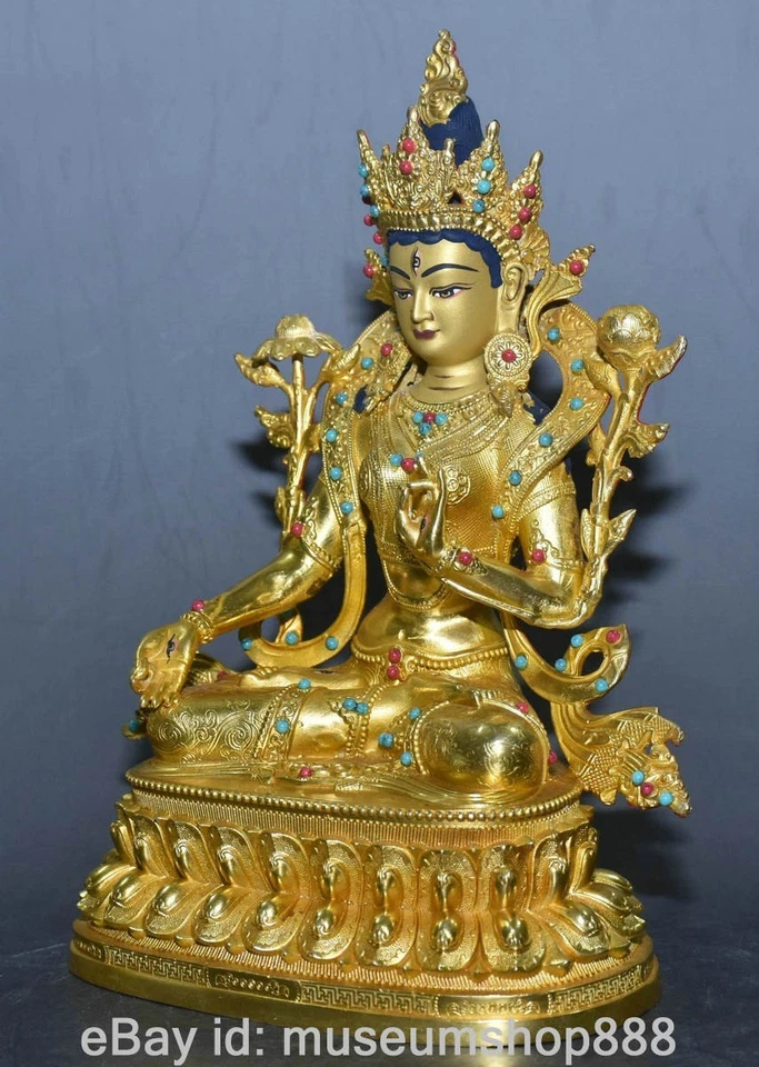 8.4" Od Tibetano Cobre Gemas Budismo Blanco Tara Diosa Flor Estatua Foto 2 de 4