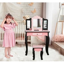 Kids Vanity Wooden Makeup Table Set for Girls Princess Three-Fold Mirror Dresser