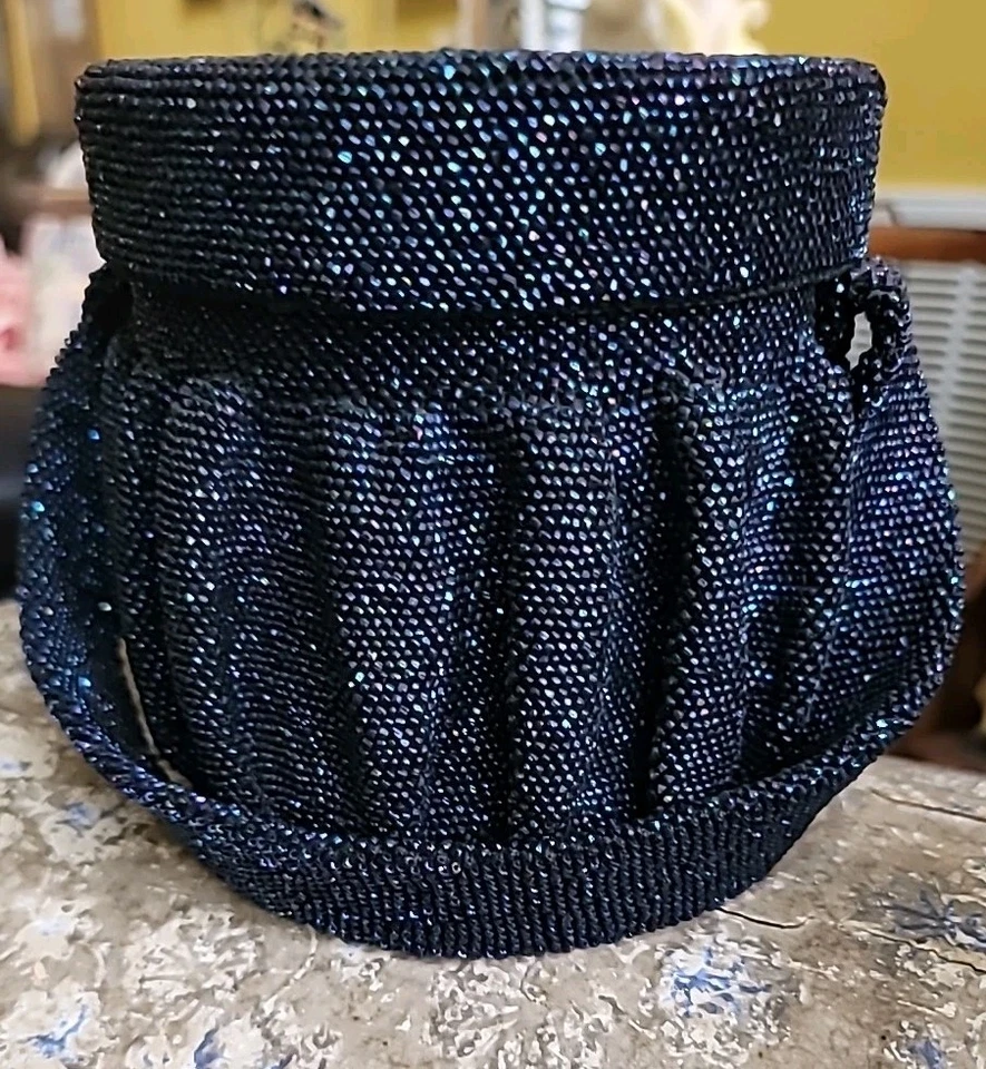 Antique Purse Beaded Box Cobalt Blue Black Carnival Tiny Beads Strap Handle 1920 - Image 4 of 4
