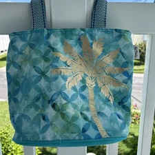 Paul Brent Sun N Sand Tote Purse Blue Canvas Bag with Gold Palm Tree