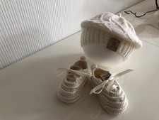 Baby-Strickset (0-3) Monate Selbstgestrickt neu 50% Merinowolle (Barett, Schuhe)