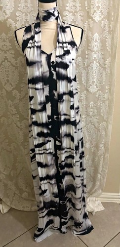 Calypso St. Barth Tie Dye V-Neck Halter Maxi Dress Tie Closure 0 Black/White