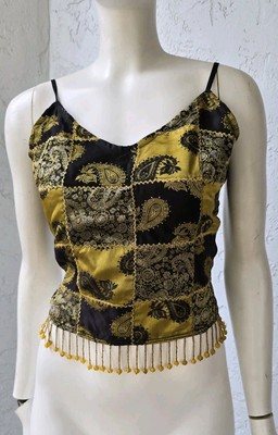 Vintage Y2K Charlotte Russe Backless Tie Back Top Asian Beaded Gold Black  Medium