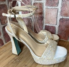 BETSEY JOHNSON BETH IVORY IRIDESCENT GLASS BEAD OPEN TOE PLATFORM HEELS 8M