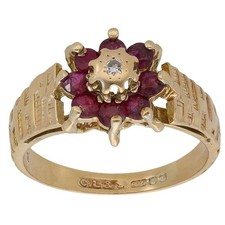 9ct Gold Diamond & Ruby Ring 2.46g Cluster Size K - Fully Hallmarked