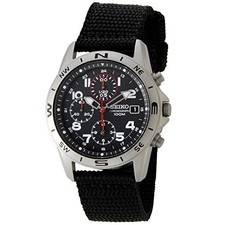 Image of Seiko Chronograph SND399P Nylon Strap Watch Black Dial Military 100m Men Quartz
