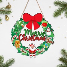 Merry Christmas Wreath Hanging Sign For Front Door, Wooden Welcome Sign