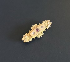 Antique Etruscan style hallmarked 9ct gold ruby and diamond brooch pin   3.8g