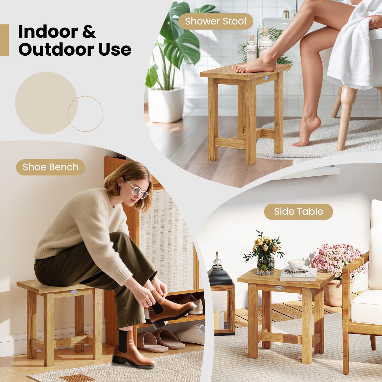 20” Teak Shower Bench Waterproof Shower Stool for Shaving Legs Indoor & Outdoor