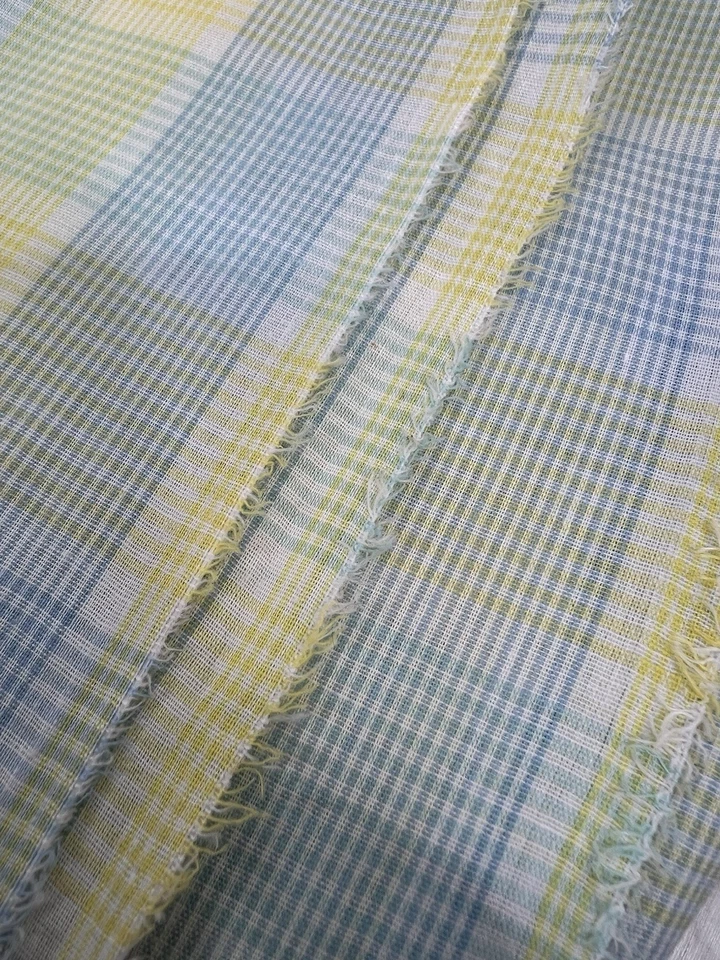 Vintage Cotton Fabric Yellow Blue Pinstripe Plaid 6 yards 44" Wide Unbranded - Image 3 of 4