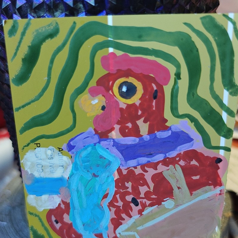 ACEO by Emily Meinert abstract chicken going to work coffee hen  illustration