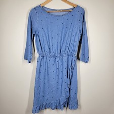 Gap Blue Chambray Polka Dot Faux Wrap Ruffle Hem Dress 3/4 Sleeves Small