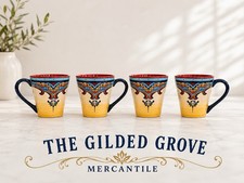 Set of 4 Euro Ceramica Zanzibar Mugs Colorful Boho Yellow Blue Red Coffee Tea