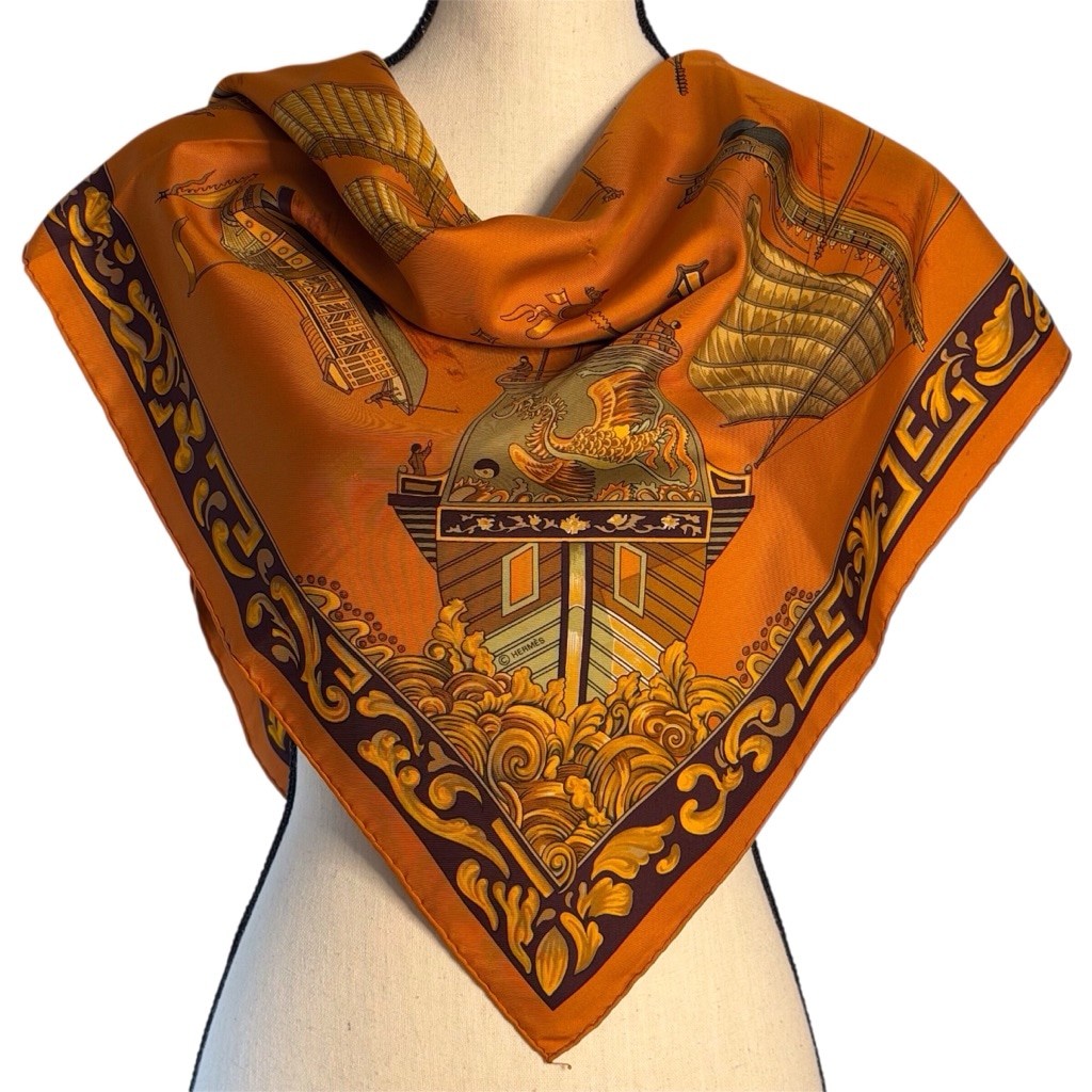 Foulard carré soie vintage Hermès Coach Françoise de la Perriere bleu