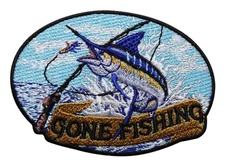 Gone Fishing Embroidered Iron On Patch - Marlin Fisherman Fish Deep Sea 120-L