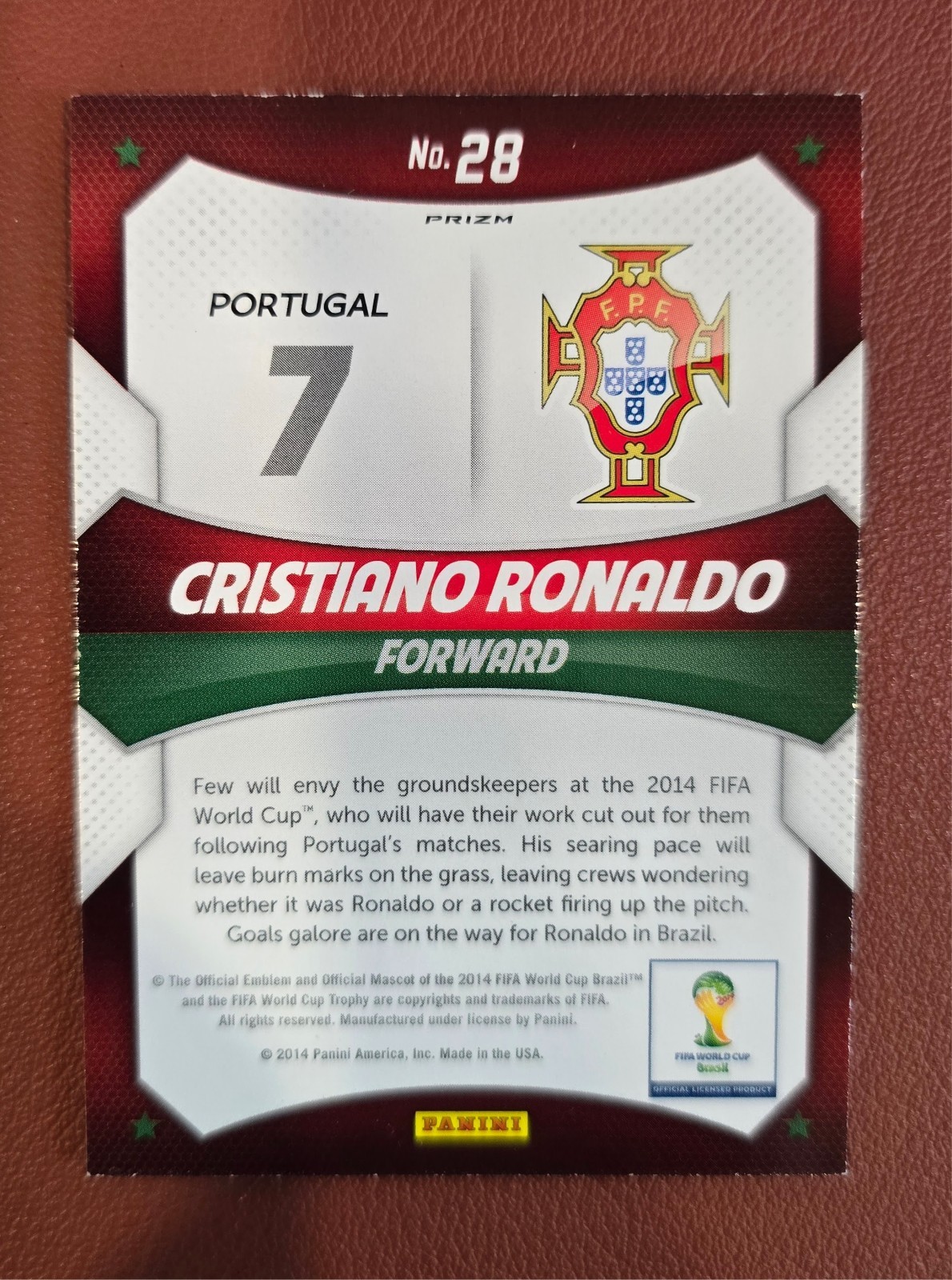 2014 Panini Prizm World Cup STARS Cristiano Ronaldo #28 Yellow & Red Pulsar RAW view 2