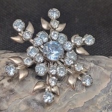 Vintage Brooch Blue Rhinestone Snowflake Floral Starburst Silver Tone