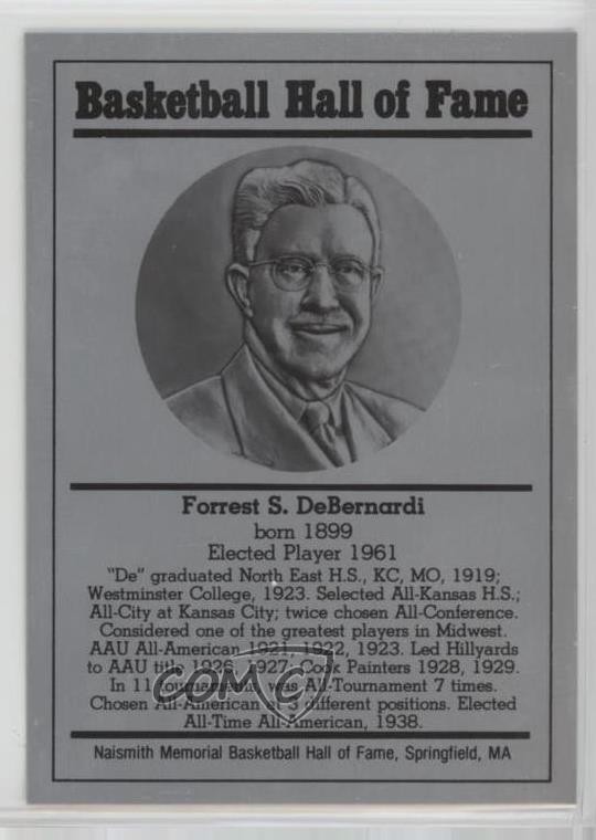 Forrest DeBernardi Basketball Cards 1986 Hall of Fame Metallic trading card — raw and PSA graded price guide