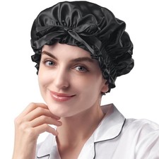 YFONG Double Layered 100 Mulberry Silk Bonnet for Sleeping one size, Black