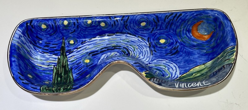  VTG Kelvin Chen Hand-Painted Enamel Eyeglasses Holder Tray “Starry Night”#6499