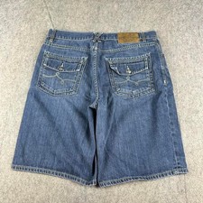 Y2K baggy embroidered jean shorts jorts blue skater cyber grunge hip hop 36 x 12